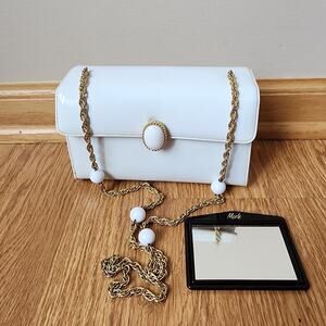Vintage Morle Evening Bag White Cocktail Purse Gold Chain Pocket Mirror Elegant